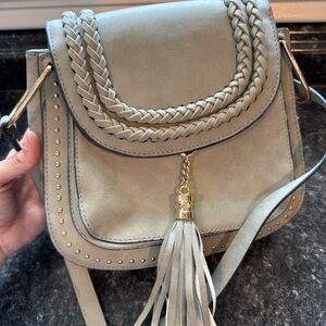 Tom Clovers Grey Crossbody‎ Boho Saddle Bag With Tassle And Braided Detail